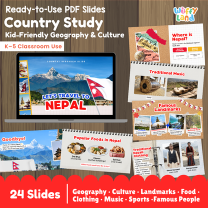 Digital product preview for a 'Country Study - Nepal' educational slide set by Wiffly Land. The graphic displays a collection of 24 kid-friendly geography and culture slides themed around Nepal, featuring images of Mount Everest, Nepalese food, traditional clothing, and landmarks.
