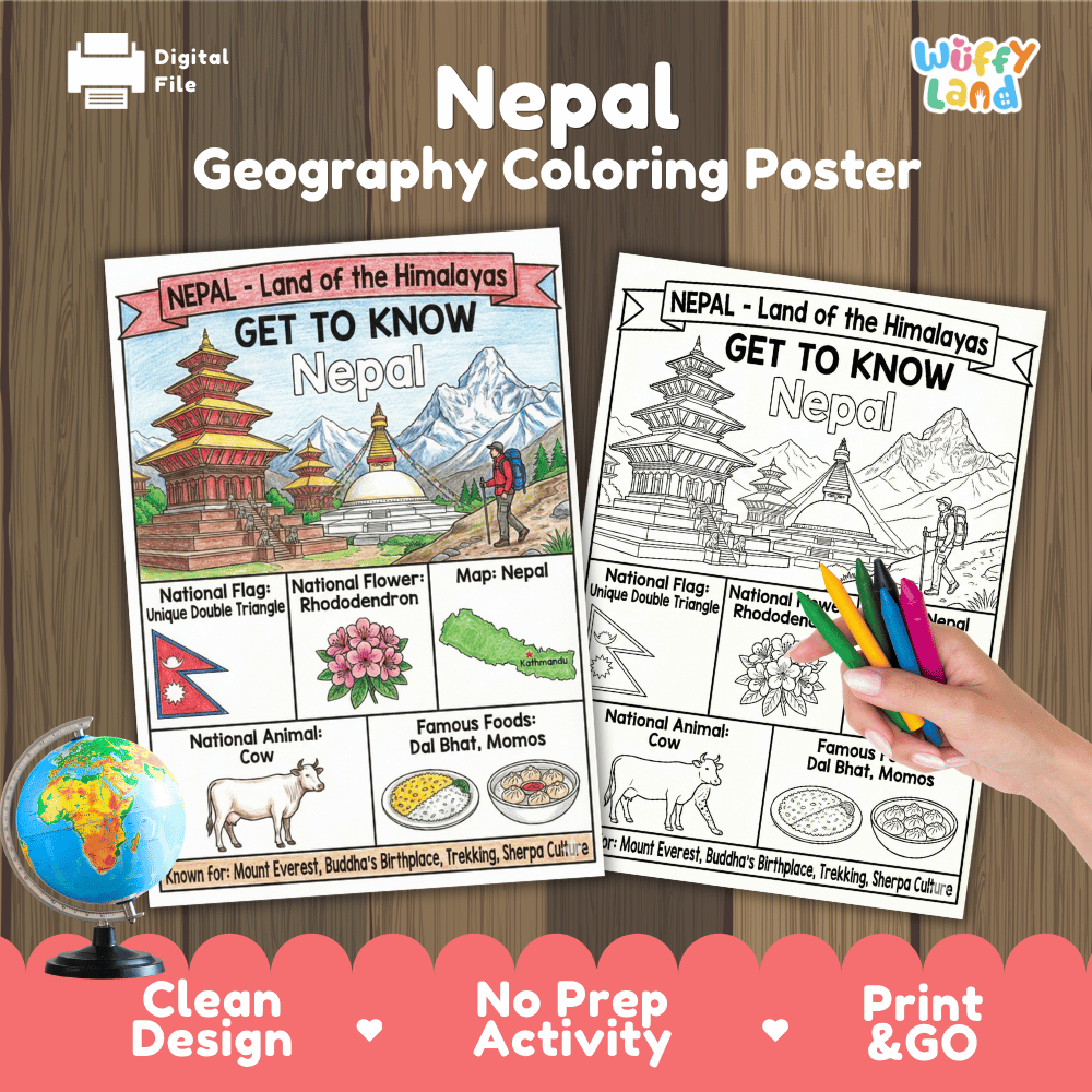 Nepal Geography Coloring Poster | Country Study Research Worksheet Activity