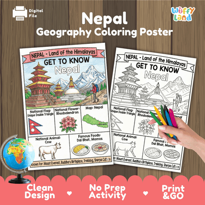 Nepal Geography Coloring Poster | Country Study Research Worksheet Activity