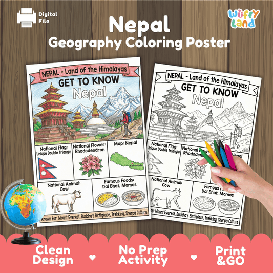 Nepal Geography Coloring Poster | Country Study Research Worksheet Activity
