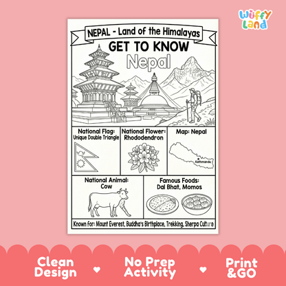 Nepal Geography Coloring Poster | Country Study Research Worksheet Activity