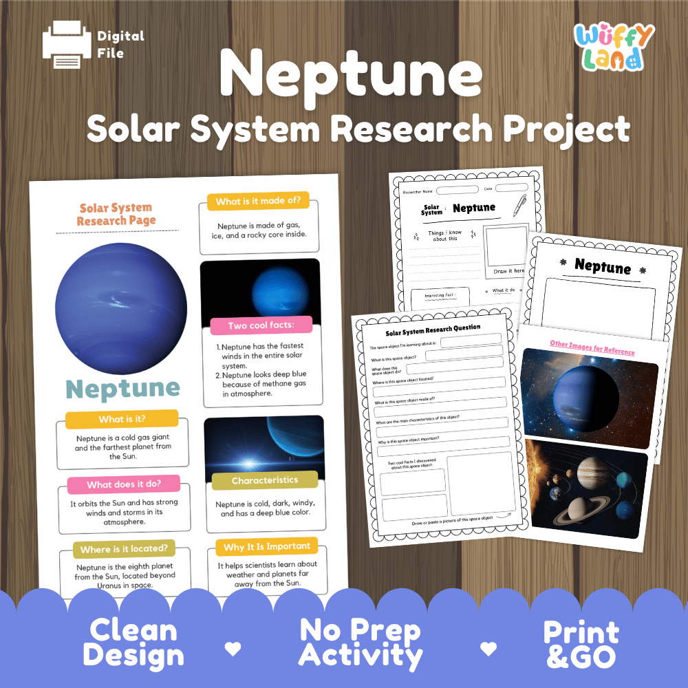 Digital file cover for a 'Neptune Solar System Research Project' by Wiffly Land, featuring sample pages of a solar system research page, worksheet, and activity sheet on a wood-grain background with blue banner accents.