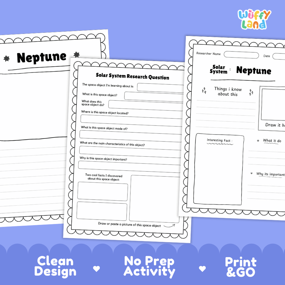 Three printable worksheet pages about Neptune and the solar system are shown on a lavender background with marketing text at the bottom. The pages are white with black text and border lines, and the brand logo 'Wiffly Land' appears in the top right.
