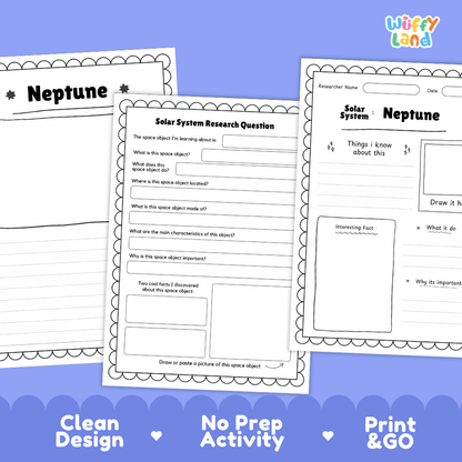 Three printable worksheet pages about Neptune and the solar system are shown on a lavender background with marketing text at the bottom. The pages are white with black text and border lines, and the brand logo 'Wiffly Land' appears in the top right.