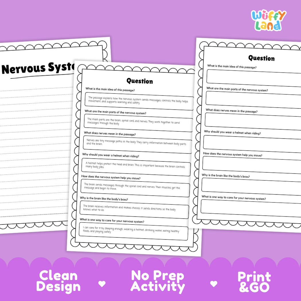 Informational reading passage page detailing the nervous system brain spinal cord nerves movement and safety with diagrams