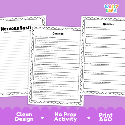 Informational reading passage page detailing the nervous system brain spinal cord nerves movement and safety with diagrams