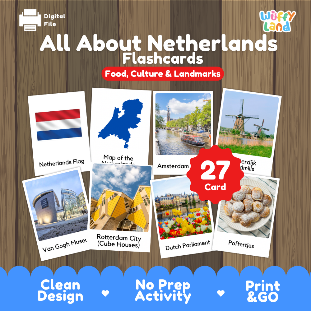Amsterdam canal biking coloring pages paired with photo flashcards of Kinderdijk windmills, Van Gogh Museum, Cube Houses, and Poffertjes