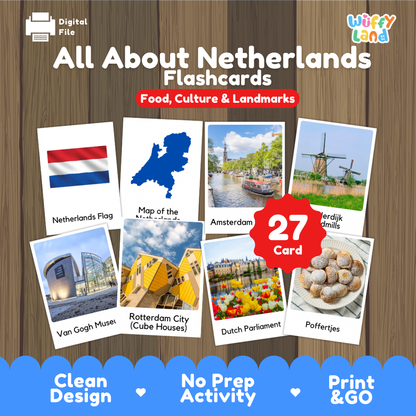Amsterdam canal biking coloring pages paired with photo flashcards of Kinderdijk windmills, Van Gogh Museum, Cube Houses, and Poffertjes