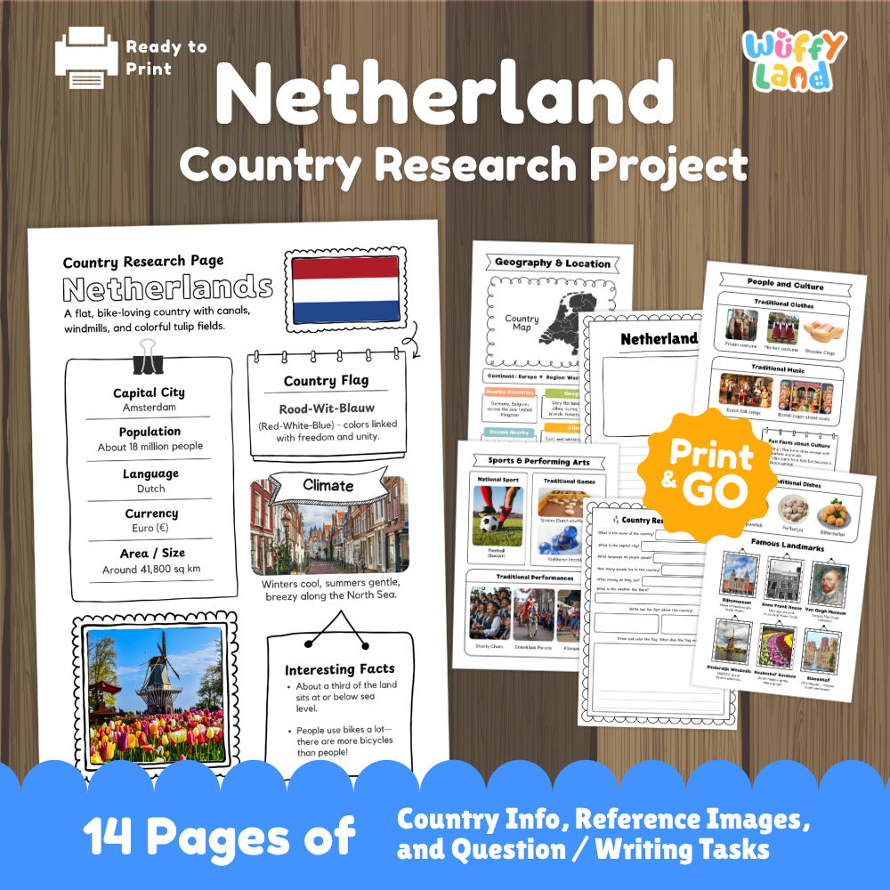 Student country research worksheet on the Netherlands featuring Rood-Wit-Blauw flag, Amsterdam capital facts, climate, and geography map