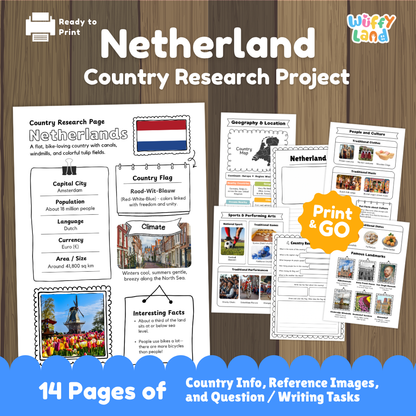 Student country research worksheet on the Netherlands featuring Rood-Wit-Blauw flag, Amsterdam capital facts, climate, and geography map