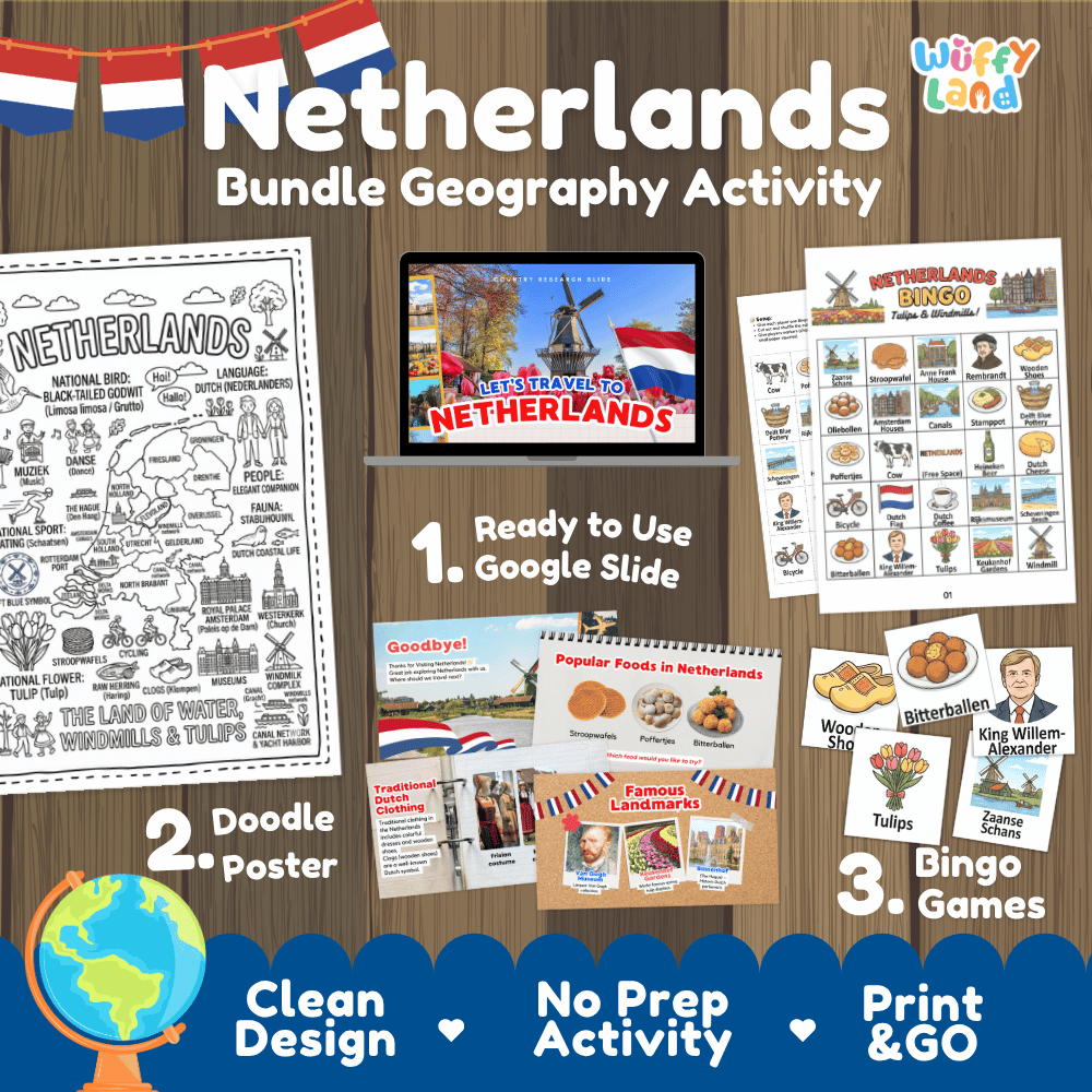 Complete Netherlands geography activity bundle featuring Google Slides, doodle coloring poster, and classroom bingo games 🇳🇱🎒