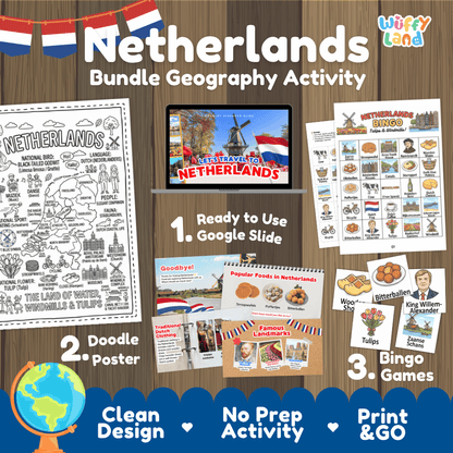 Complete Netherlands geography activity bundle featuring Google Slides, doodle coloring poster, and classroom bingo games 🇳🇱🎒