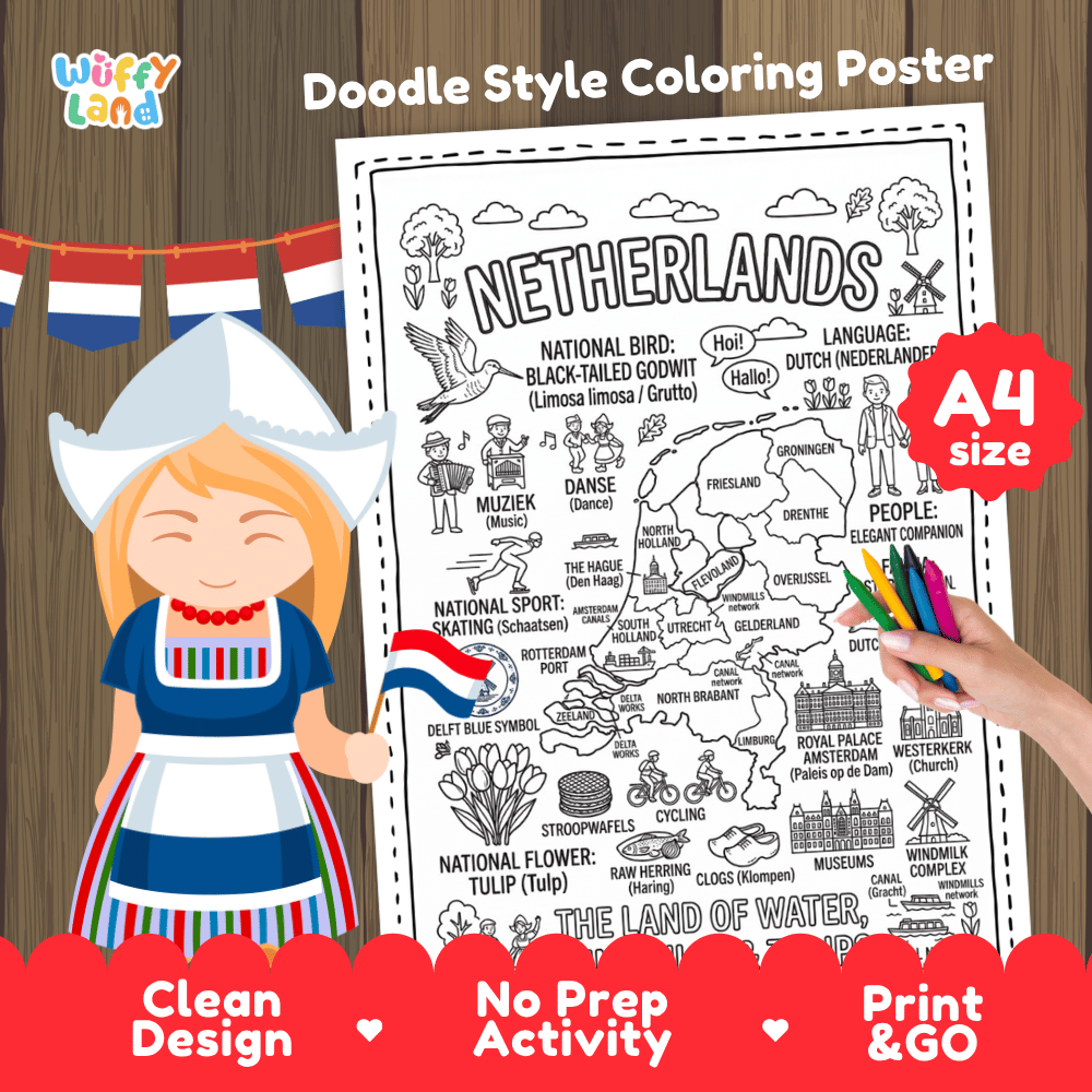 Netherlands country study doodle style coloring poster printable page featuring map, landmarks, and cultural symbols