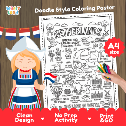 Netherlands country study doodle style coloring poster printable page featuring map, landmarks, and cultural symbols