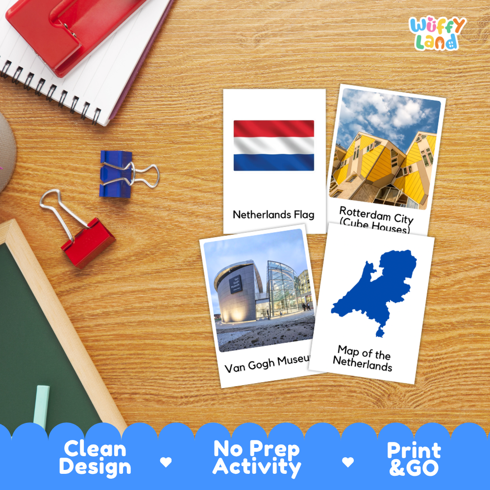 Dutch Parliament with tulip flower beds and warm powdered sugar poffertjes food flashcard