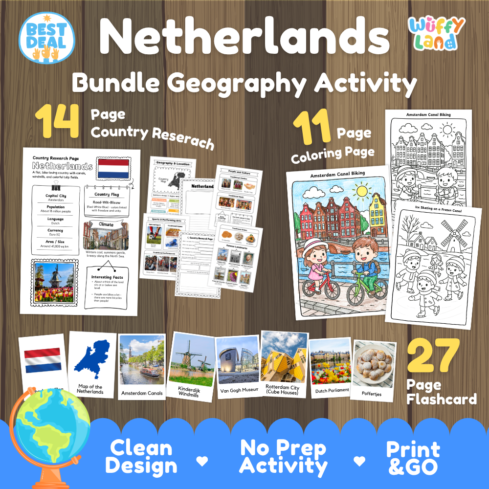 Netherlands geography activity bundle cover showing 14 country research pages, 11 coloring pages, and 27 photo flashcards