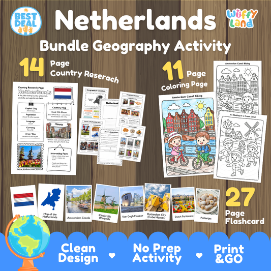 Netherlands geography activity bundle cover showing 14 country research pages, 11 coloring pages, and 27 photo flashcards