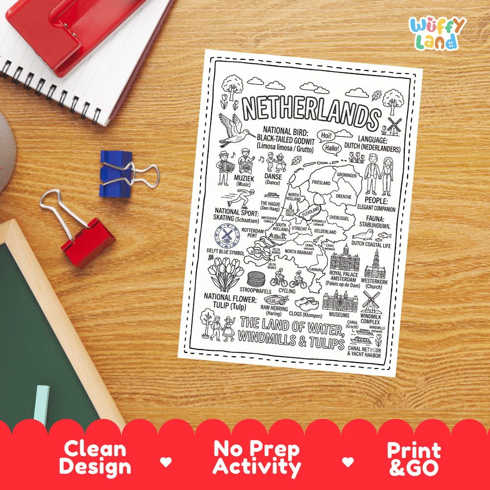 Doodle map coloring sheet showing the Netherlands, Amsterdam Royal Palace, Westerkerk, Rotterdam Port, and windmill complexes