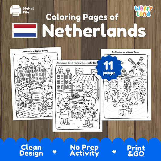 Black-and-white Netherlands coloring pages featuring children biking along Amsterdam canals, kids buying stroopwafels at a street market, and children ice skating near traditional Dutch windmills