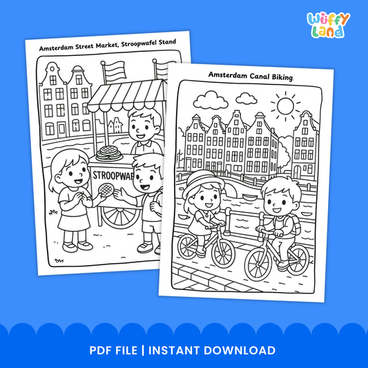 Black-and-white Netherlands coloring pages featuring children biking along Amsterdam canals, kids buying stroopwafels at a street market, and children ice skating near traditional Dutch windmills
