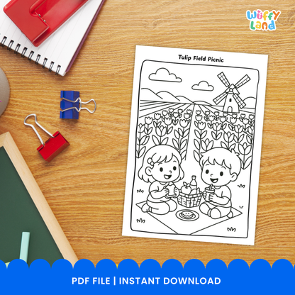 Black-and-white Netherlands coloring pages featuring children biking along Amsterdam canals, kids buying stroopwafels at a street market, and children ice skating near traditional Dutch windmills