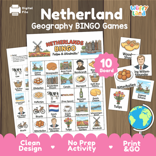 Classroom educational Bingo game cards featuring King Willem-Alexander, Bitterballen, Tulips, and Wooden Shoes 🎲🧆