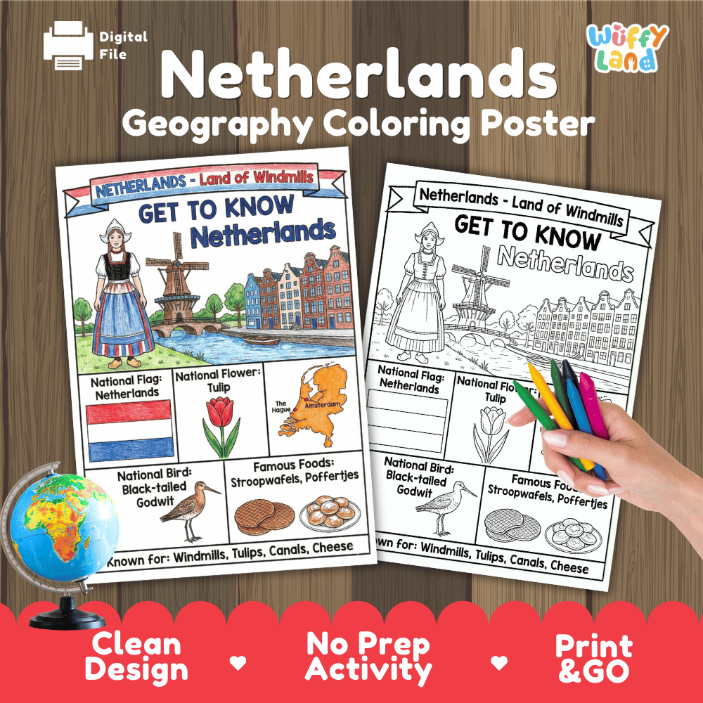 Netherlands Geography Coloring Poster | Country Study Research Worksheet Activity
