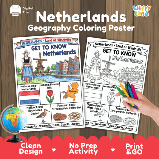 Netherlands Geography Coloring Poster | Country Study Research Worksheet Activity
