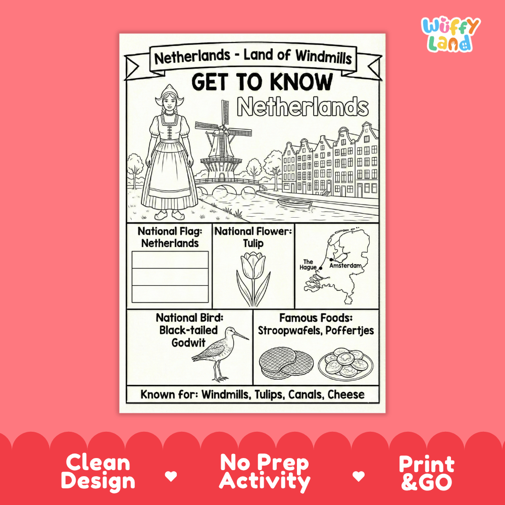 Netherlands Geography Coloring Poster | Country Study Research Worksheet Activity