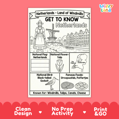 Netherlands Geography Coloring Poster | Country Study Research Worksheet Activity