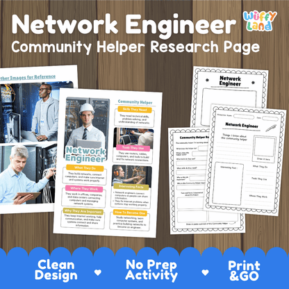 Network engineer community helper research page writing worksheets pack featuring real photos and student activity pages for elementary social studies and STEM