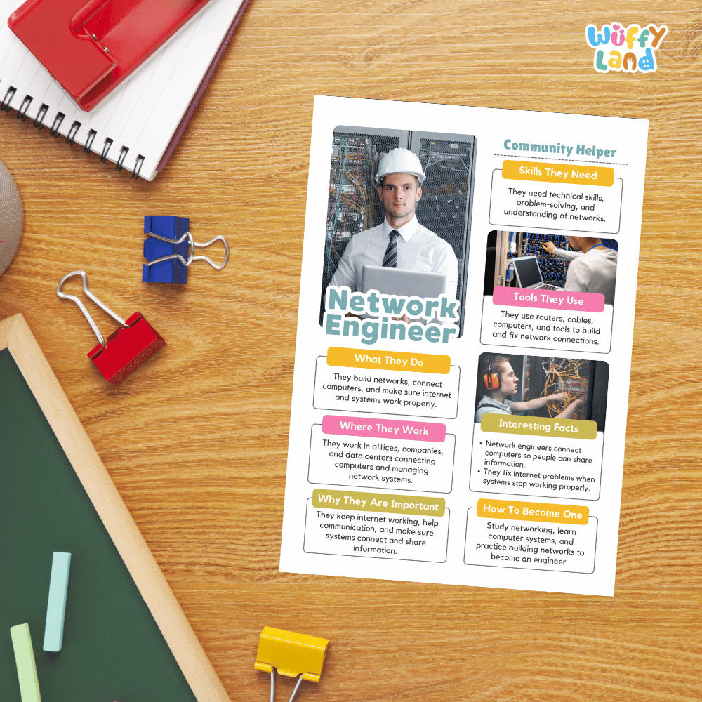 Guided student writing worksheets with lined sections for recording facts and a dedicated box for drawing or pasting a picture of a network engineer