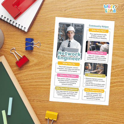 Guided student writing worksheets with lined sections for recording facts and a dedicated box for drawing or pasting a picture of a network engineer