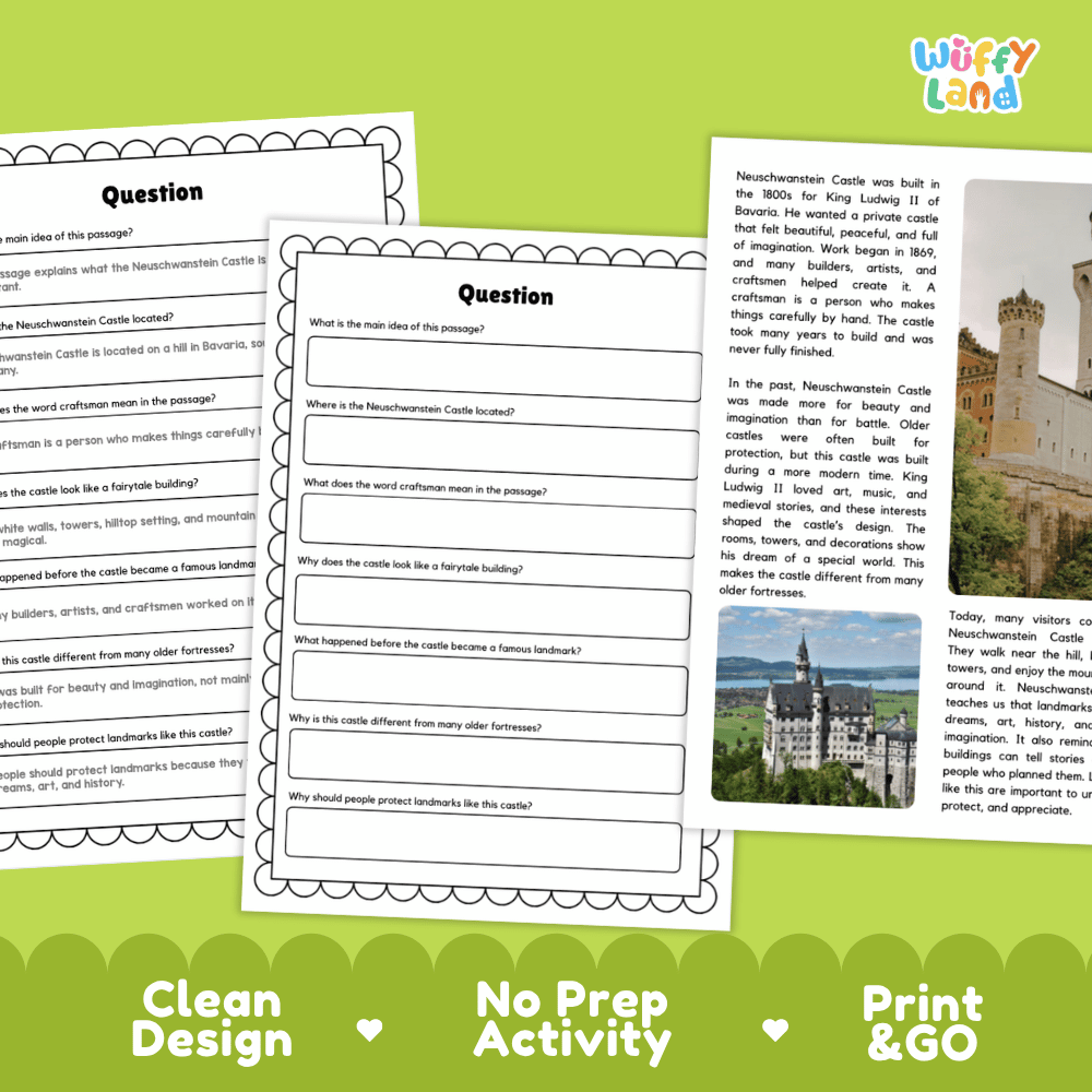 Neuschwanstein Castle Landmark Reading Passages and Comprehension Worksheets