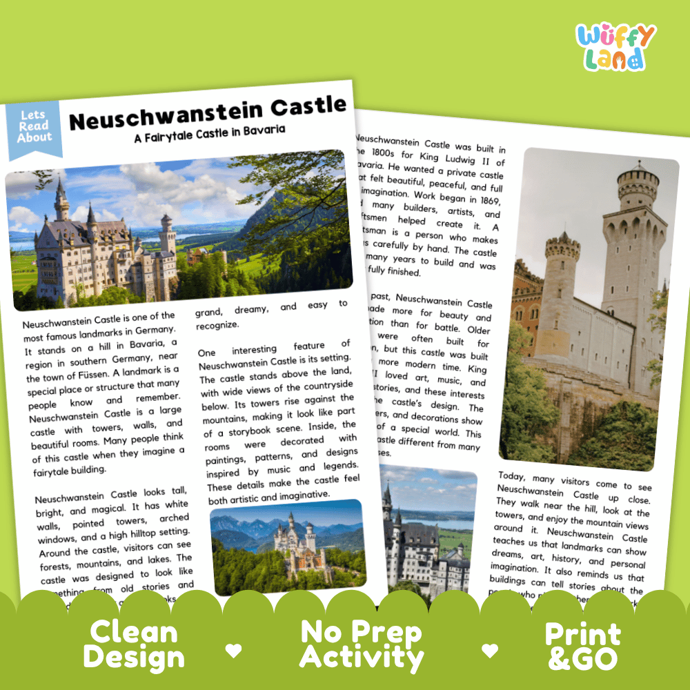 Neuschwanstein Castle Landmark Reading Passages and Comprehension Worksheets