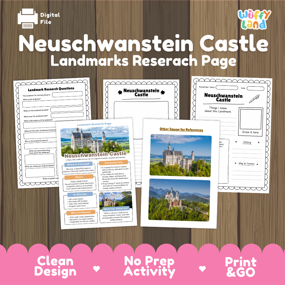 Digital worksheet cover for a Neuschwanstein Castle landmarks research page, shown on a wood plank background with three sample printable pages and a pink banner reading 'Clean Design', 'No Prep Activity', and 'Print & GO'.