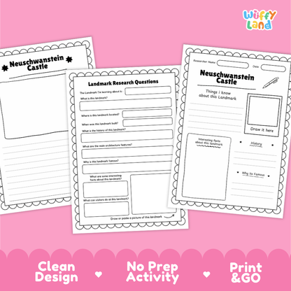 Three printable worksheet pages for Neuschwanstein Castle displayed on a pink background with a Wiffy Land logo. The pages contain black-and-white activity sheets with text fields, drawing areas, and prompts about the landmark.