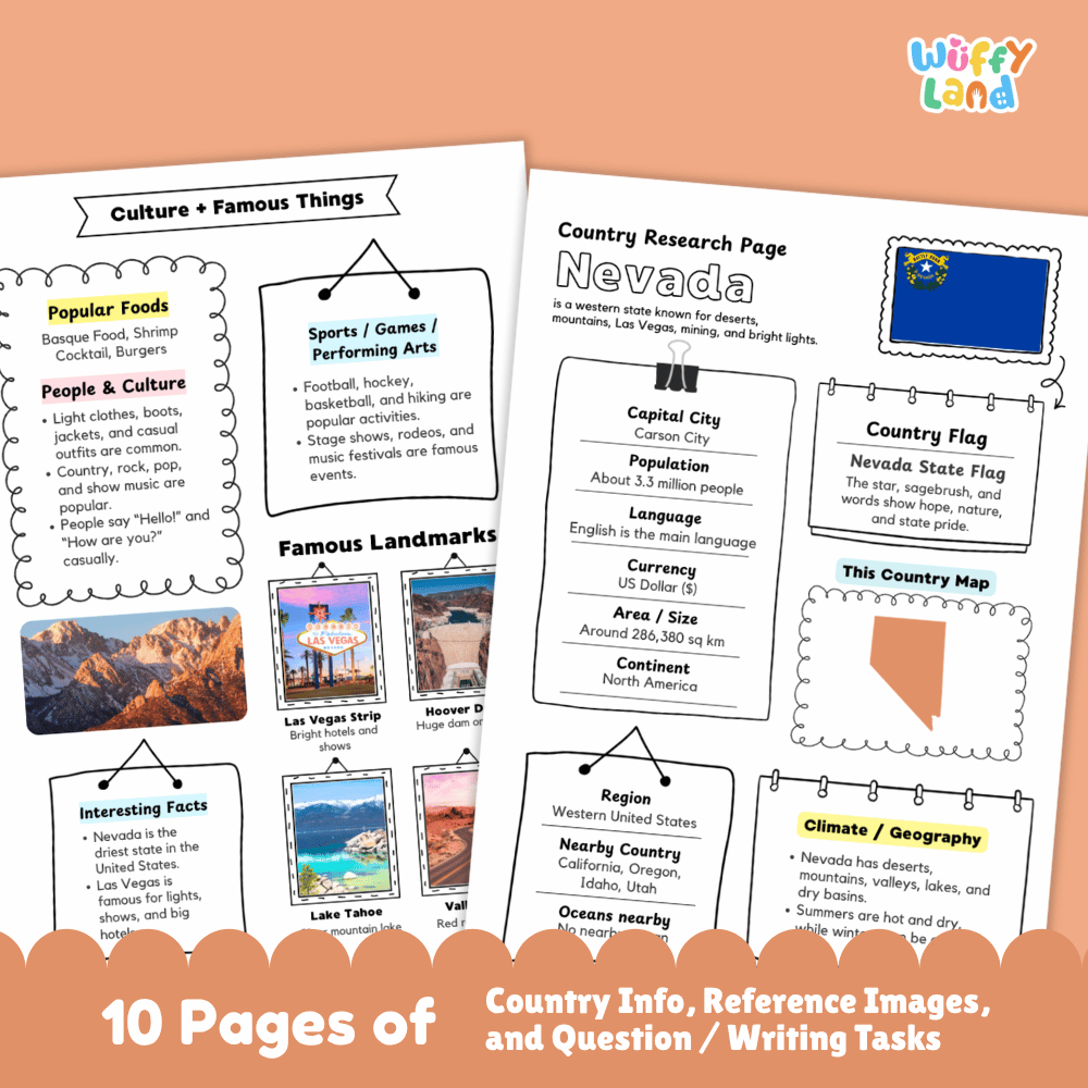 Nevada Country Research Project Worksheets and Activity Pages