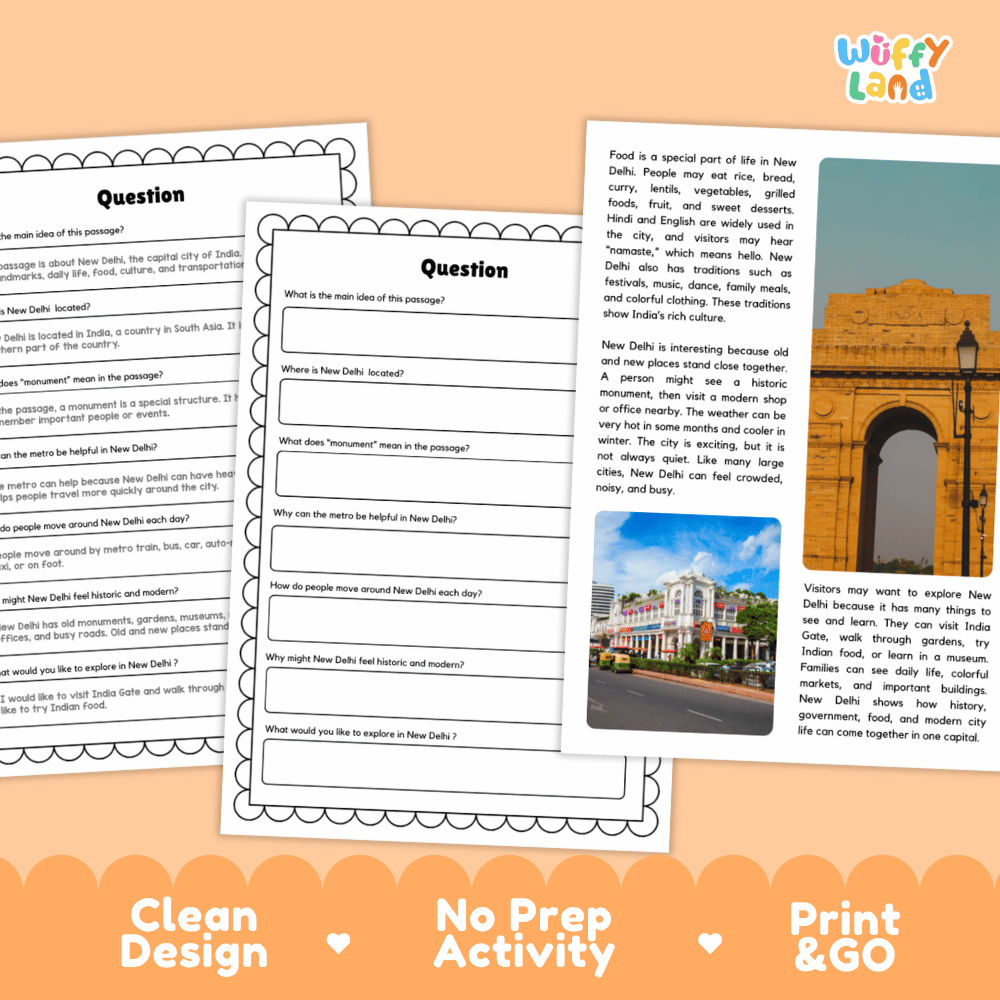 Student reading passage titled A Historic City of Colors detailing New Delhi India India Gate Rashtrapati Bhavan auto-rickshaw transit and city photography