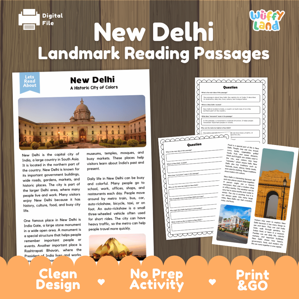 New Delhi landmark reading passage and comprehension worksheet educational unit featuring nonfiction text and authentic Indian architecture photography