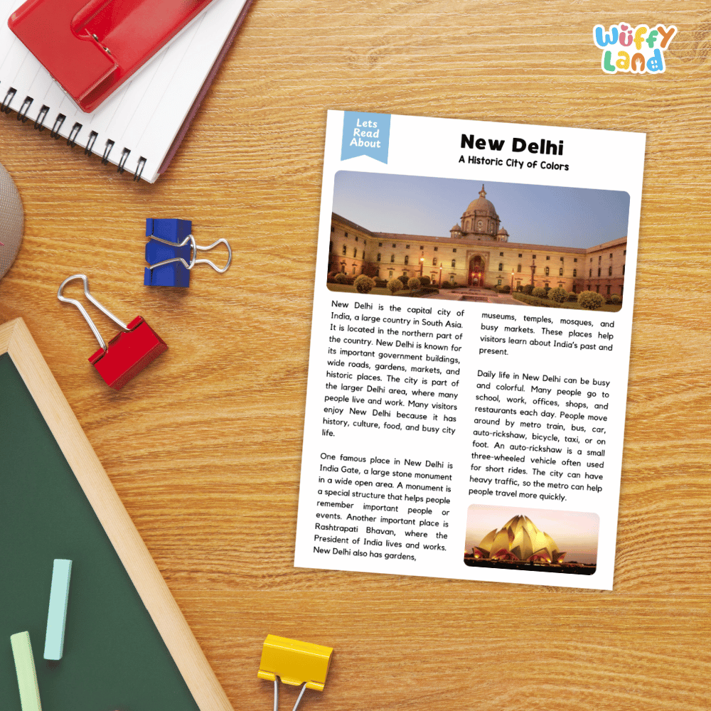 Lined reading comprehension question worksheet covering main ideas vocabulary terms and landmark facts about New Delhi India