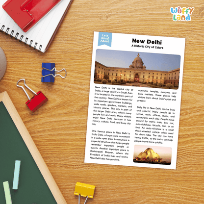 Lined reading comprehension question worksheet covering main ideas vocabulary terms and landmark facts about New Delhi India