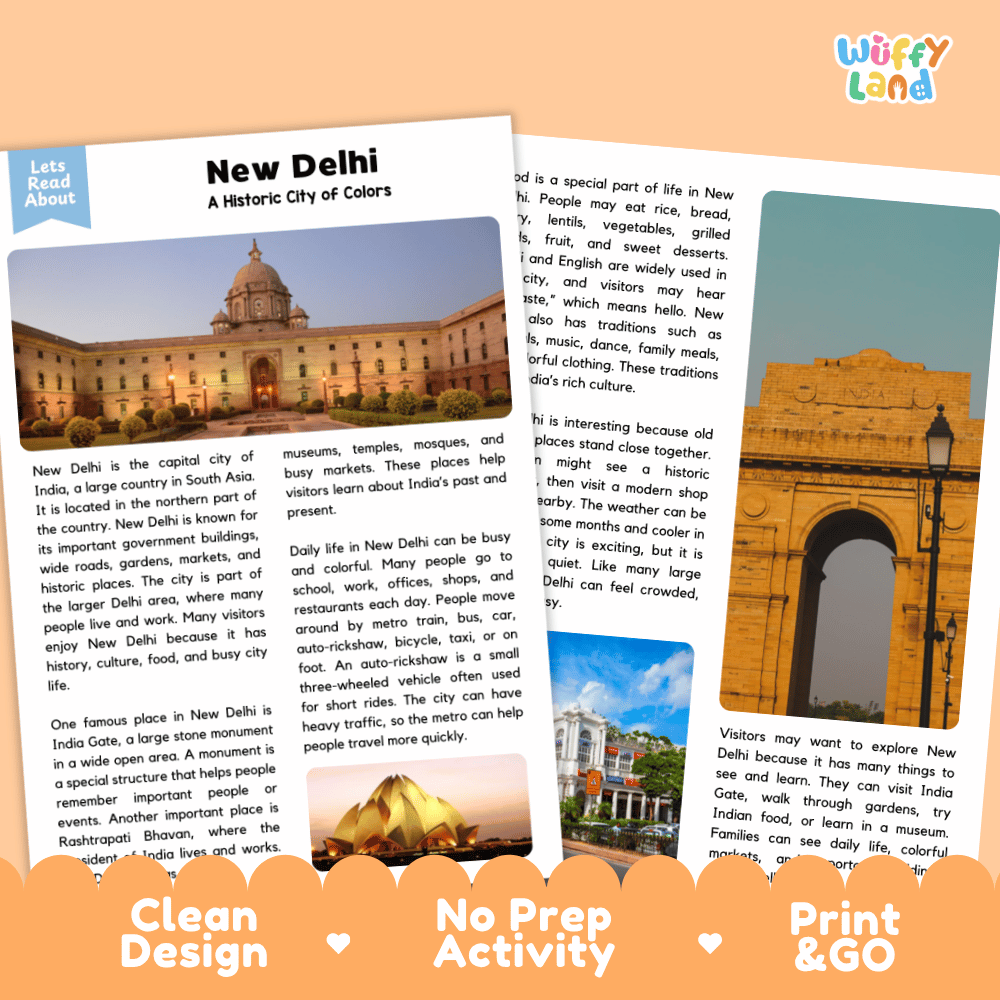 Reference sheet and answer key for New Delhi landmark reading passage displaying completed comprehension answers and South Asian geography facts