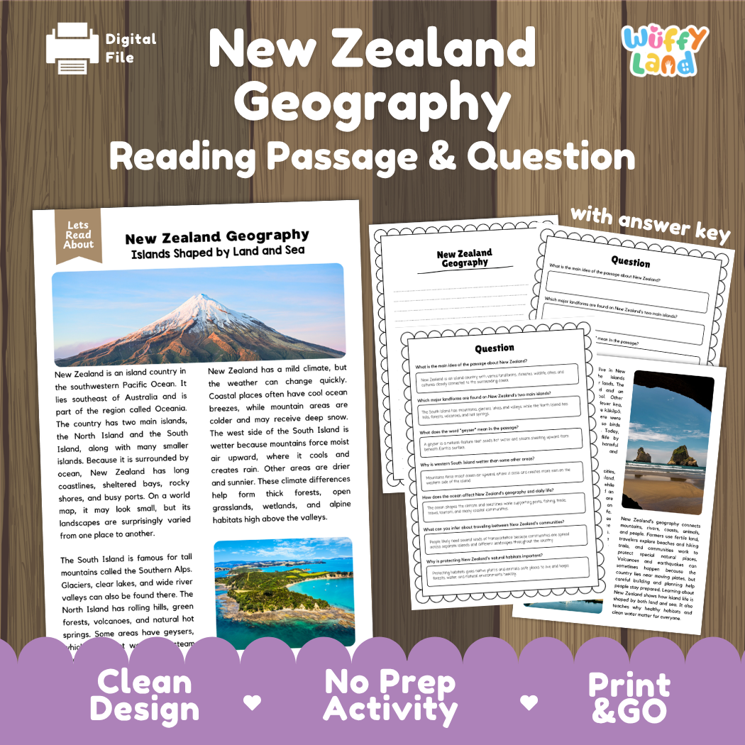New Zealand Geography reading comprehension passage and questions printable activity pack with answer key for elementary students