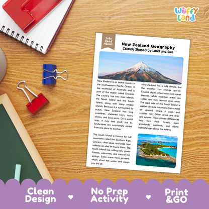 Student reading comprehension worksheet with short-answer questions and lined sections about New Zealand geography