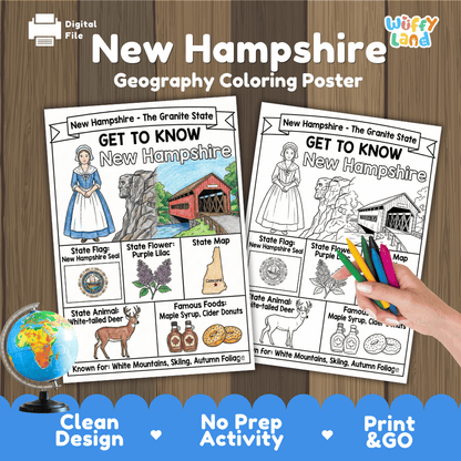 New Hampshire Geography Coloring Poster Worksheets