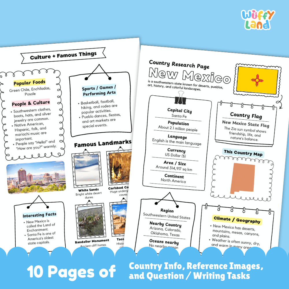 New Mexico Country Research Project Worksheets and Activity Pages