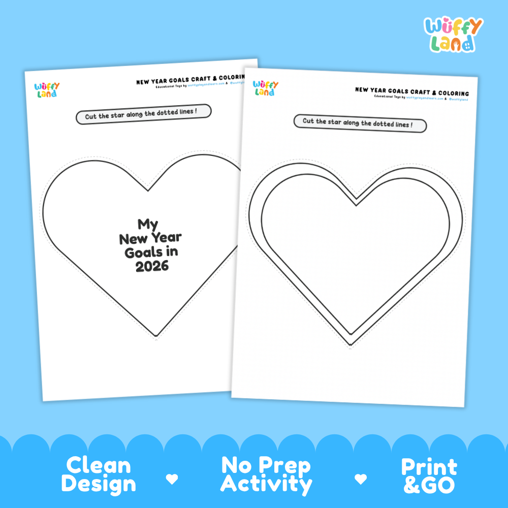 Two printable New Year goals craft and coloring pages shown on a bright blue background. The pages feature black heart outlines and text reading 'My New Year Goals in 2026' and 'Cut out the star along the dotted lines!'.