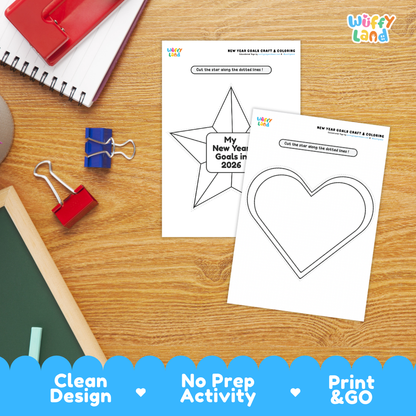 Two printable craft activity sheets for New Year goals are shown on a wooden desk with school supplies. The sheets include black outline templates for a star and a heart, with text prompts about setting goals in 2026.