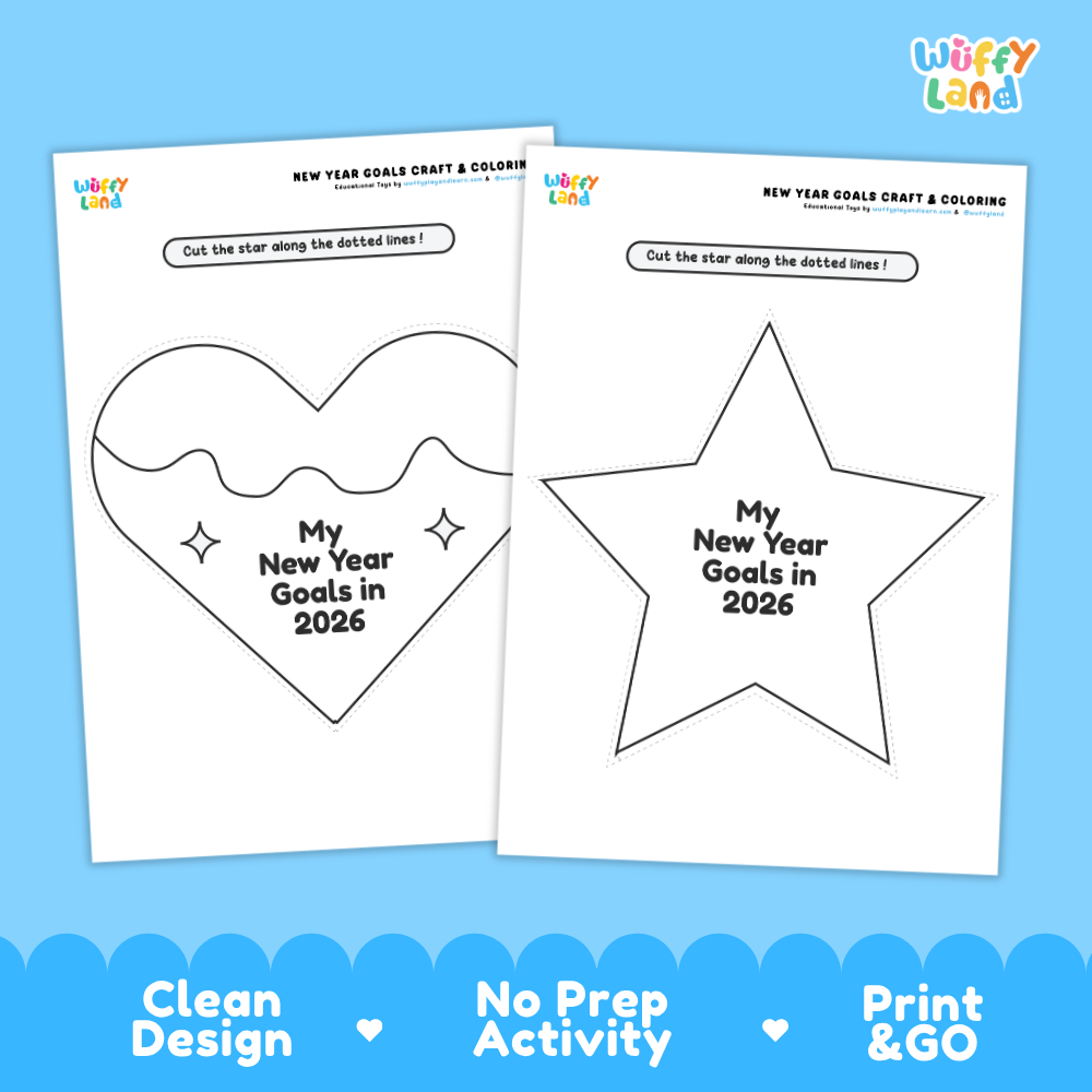 Two printable craft coloring pages from Wiffy Land for New Year Goals & Coloring, featuring a heart outline on the left and a star outline on the right, both with the text 'My New Year Goals in 2026'. The pages are displayed on a light blue background with promotional text at the bottom.
